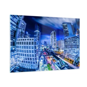 Quadro su vetro - Panorama di una città moderna di notte con luci brillanti - 100x70cm - Il ritmo notturno della città - Decorazione murale moderna per soggiorno e camera da letto ARTTOR