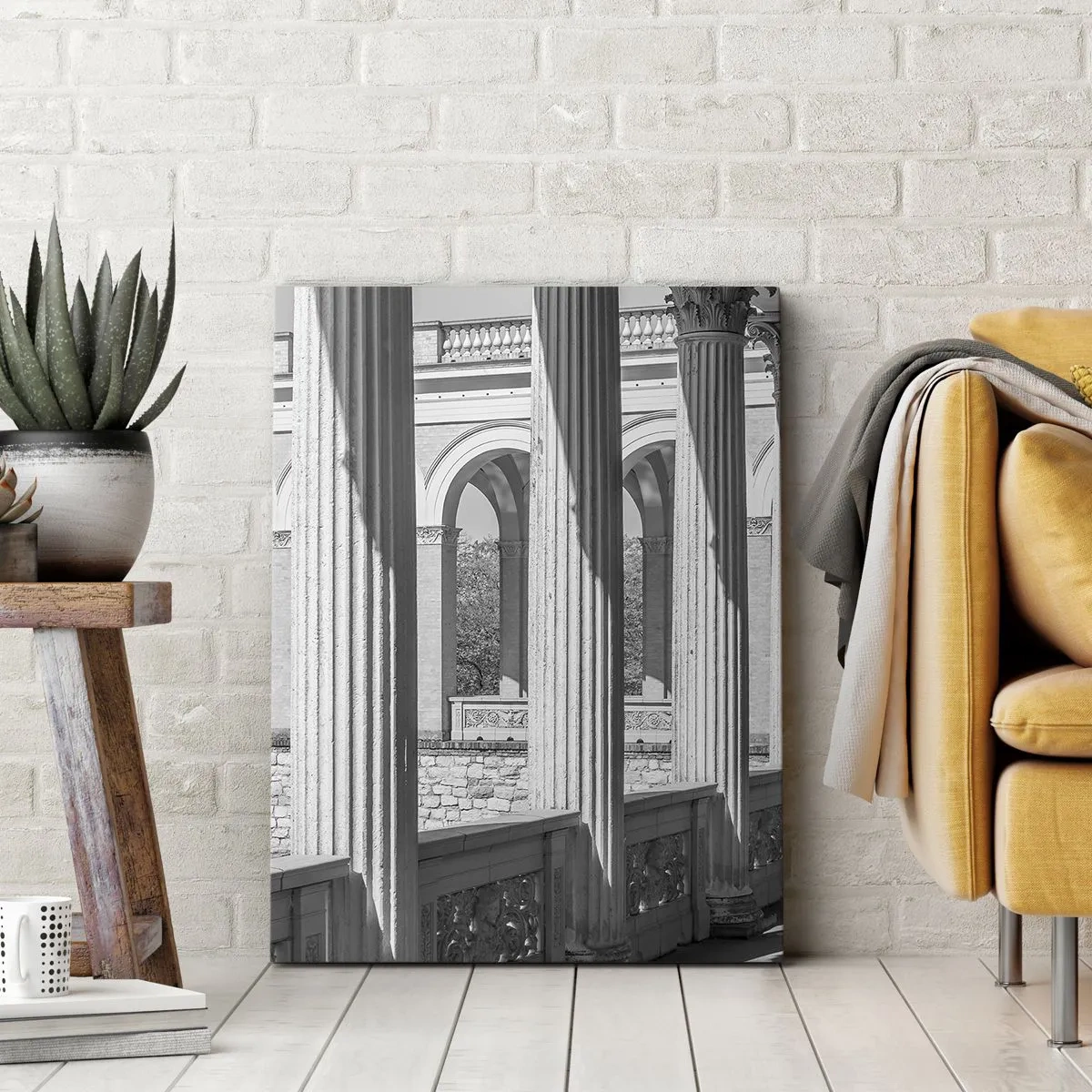 Quadro su tela - Stampe su Tela - Colonnato in stile classico in bianco e nero - 50x70cm - Portico soleggiato - Decorazione murale moderna per soggiorno e camera da letto ARTTOR