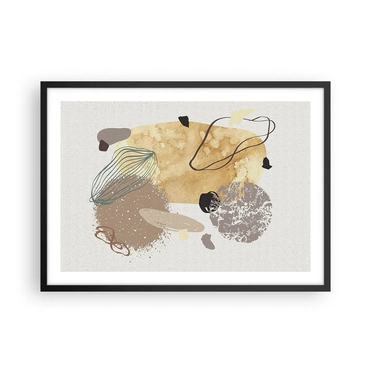 Poster in cornice nera - Una composizione di forme astratte nei toni del beige e del giallo. - 70x50cm - Schizzologia applicata - Decorazione murale moderna per soggiorno e camera da letto ARTTOR