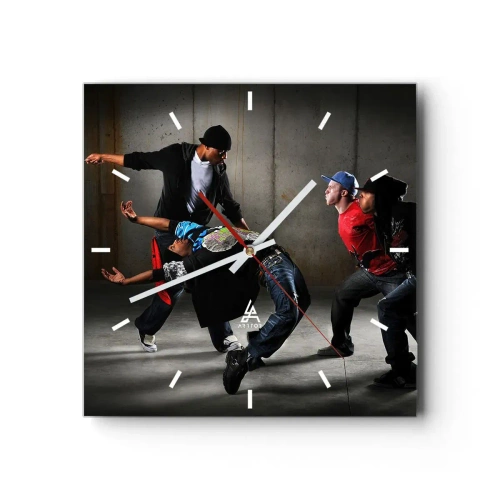 Orologio da parete - Orologio in Vetro - Un gruppo di ballerini hip-hop in una coreografia dinamica - 30x30cm - Ballare con il vento della strada - Decorazione murale moderna per soggiorno e camera da letto ARTTOR