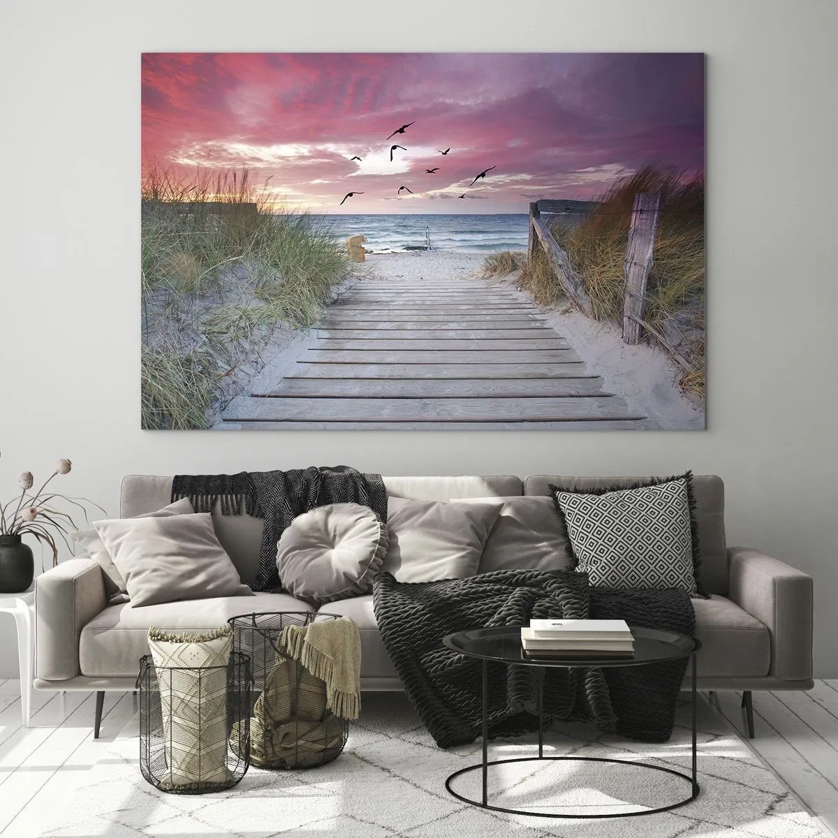 Quadro su vetro - Sentiero per la spiaggia al tramonto con uccelli che volano - 100x70cm - Impressioni baltiche - Decorazione murale moderna per soggiorno e camera da letto ARTTOR