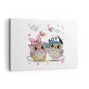 Quadro su tela - Stampe su Tela - Due adorabili gufi circondati da cuori - 120x80cm - Amiamoci! - Decorazione murale moderna per soggiorno e camera da letto ARTTOR