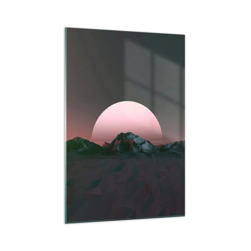 Quadro su vetro - Montagne geometriche con il sole al tramonto sullo sfondo - 70x100cm - Nella galassia accanto - Decorazione murale moderna per soggiorno e camera da letto ARTTOR