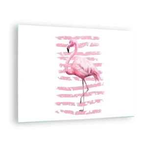 Quadro su vetro - Un fenicottero rosa su uno sfondo di artistiche strisce rosa. - 70x50cm - Con dignità, sebbene in rosa - Decorazione murale moderna per soggiorno e camera da letto ARTTOR