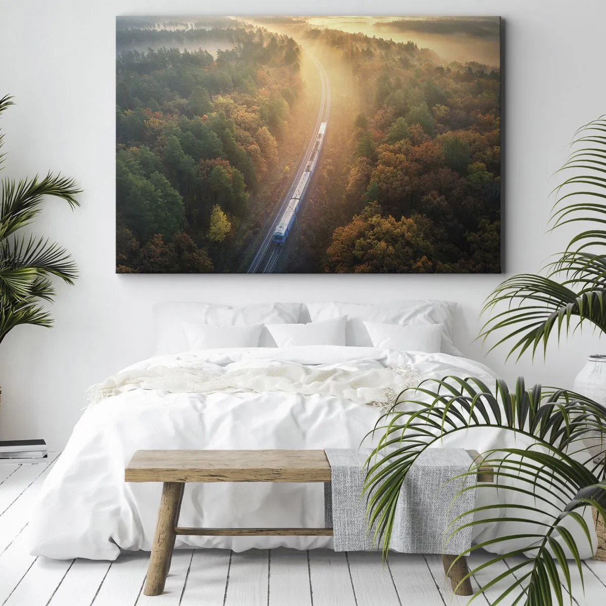 Quadro su tela - Stampe su Tela - Un treno in una foresta autunnale all'alba - 100x70cm - Viaggio autunnale - Decorazione murale moderna per soggiorno e camera da letto ARTTOR