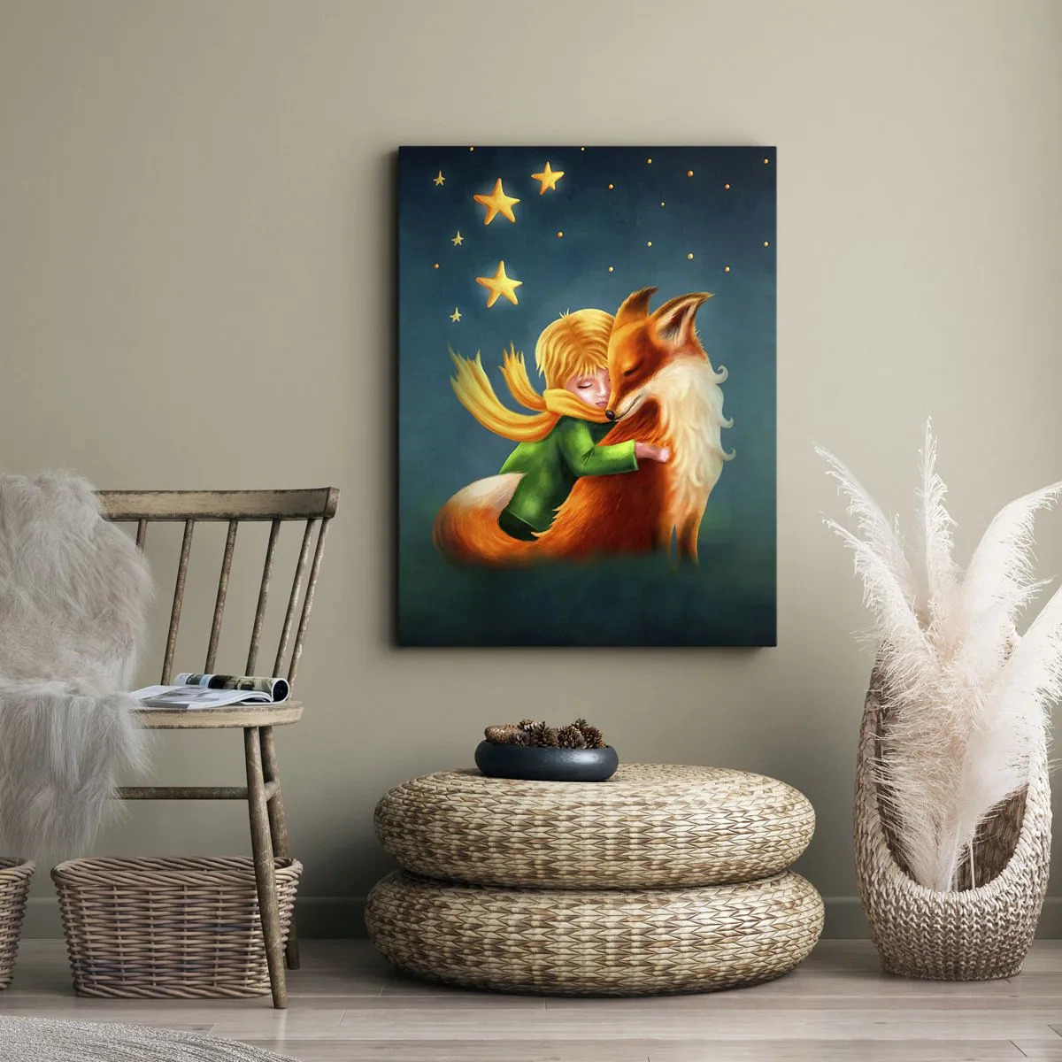 Quadro su tela - Stampe su Tela - Un ragazzo con una volpe in un ambiente magico con le stelle - 50x70cm - Il piccolo principe - Decorazione murale moderna per soggiorno e camera da letto ARTTOR