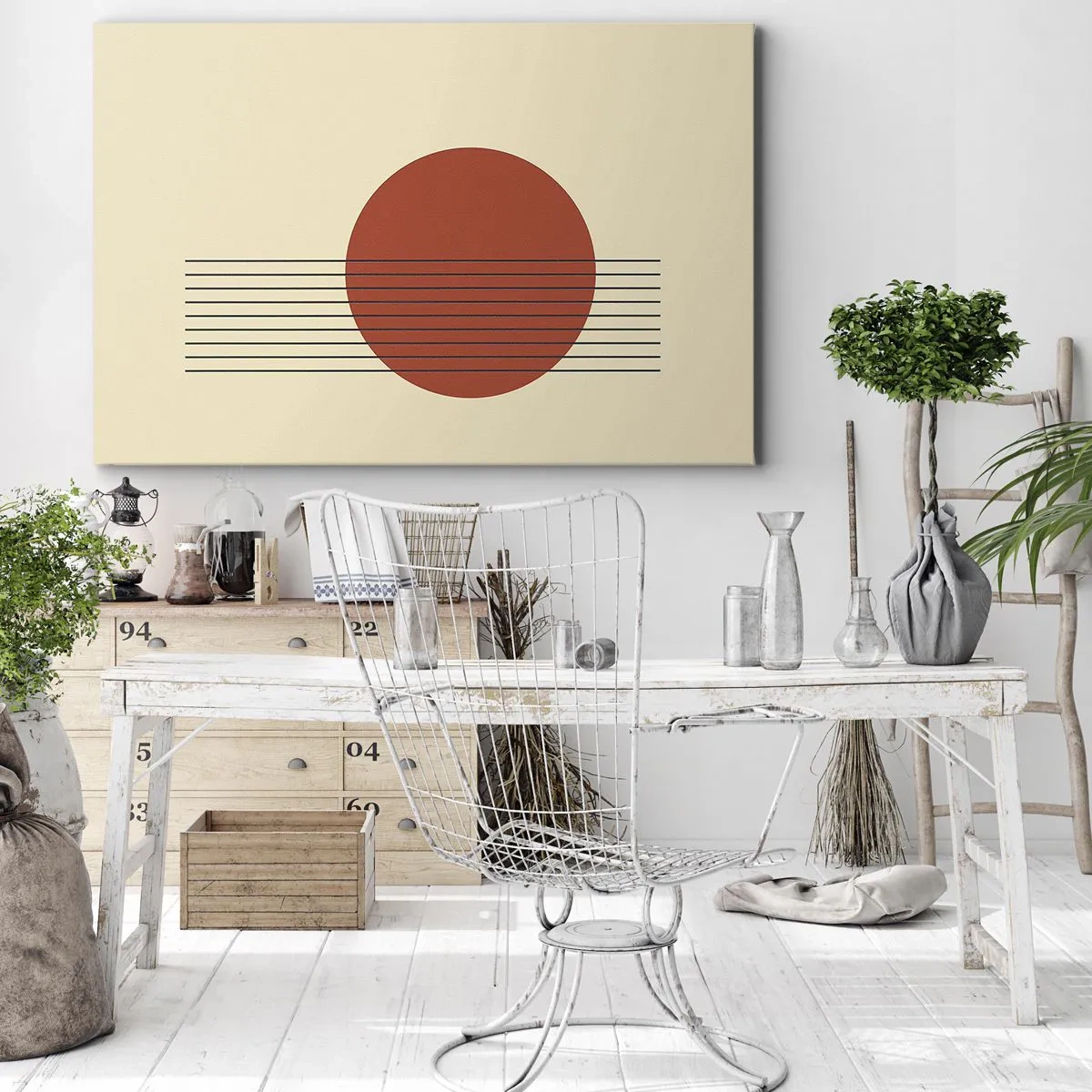 Quadro su tela - Stampe su Tela - Cerchio rosso astratto con linee su sfondo beige. - 70x50cm - Nel cerchio e oltre - Decorazione murale moderna per soggiorno e camera da letto ARTTOR