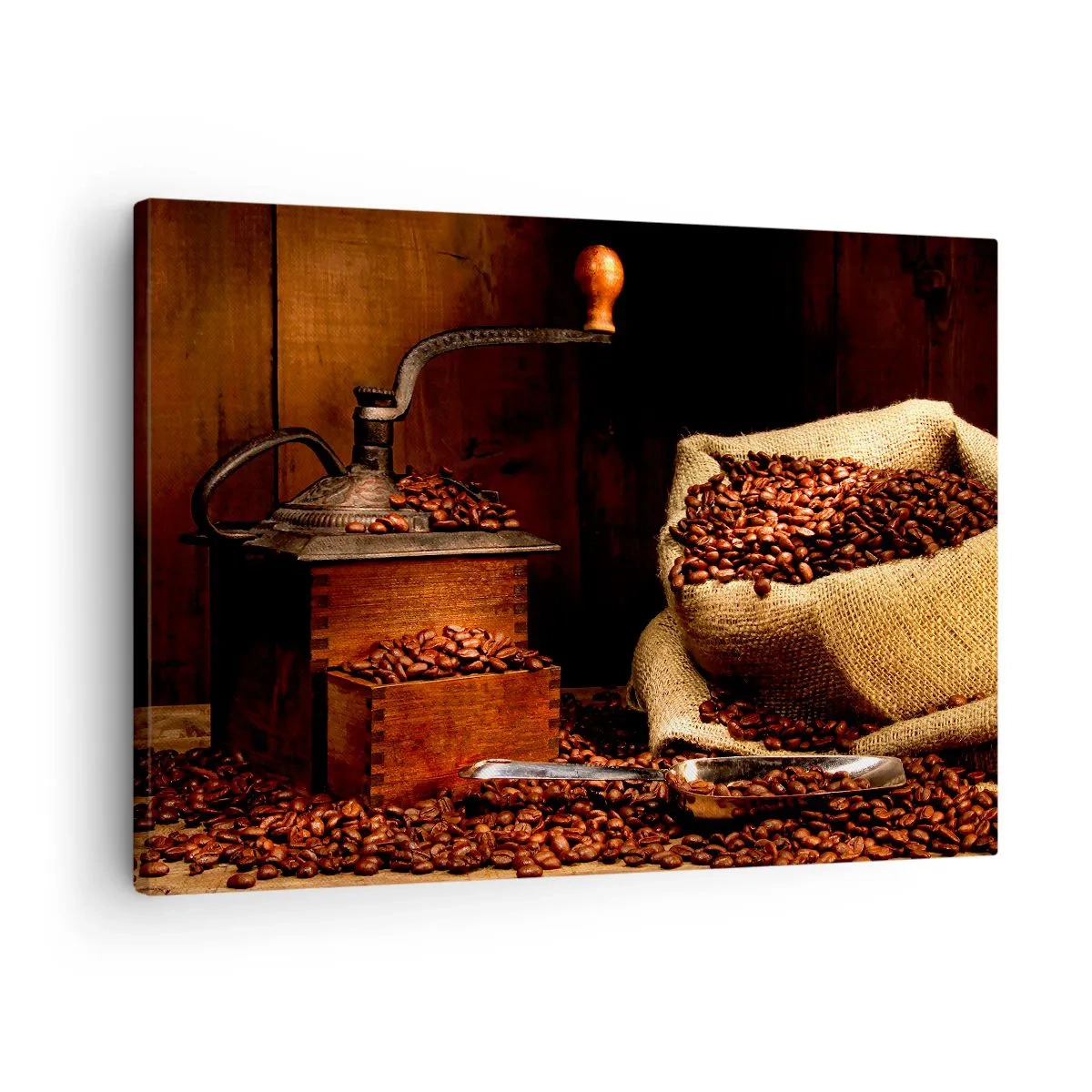 Quadro su tela - Stampe su Tela - Un vecchio macinacaffè con chicchi e un sacchetto in stile rustico. - 70x50cm - Natura morta con chicchi di caffè e macinino - Decorazione murale moderna per soggiorno e camera da letto ARTTOR