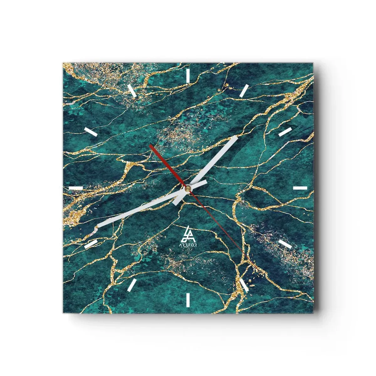 Orologio da parete - Orologio in Vetro - Motivo marmoreo strutturato nelle tonalità del turchese e dell'oro - 30x30cm - La vena d'oro - Decorazione murale moderna per soggiorno e camera da letto ARTTOR