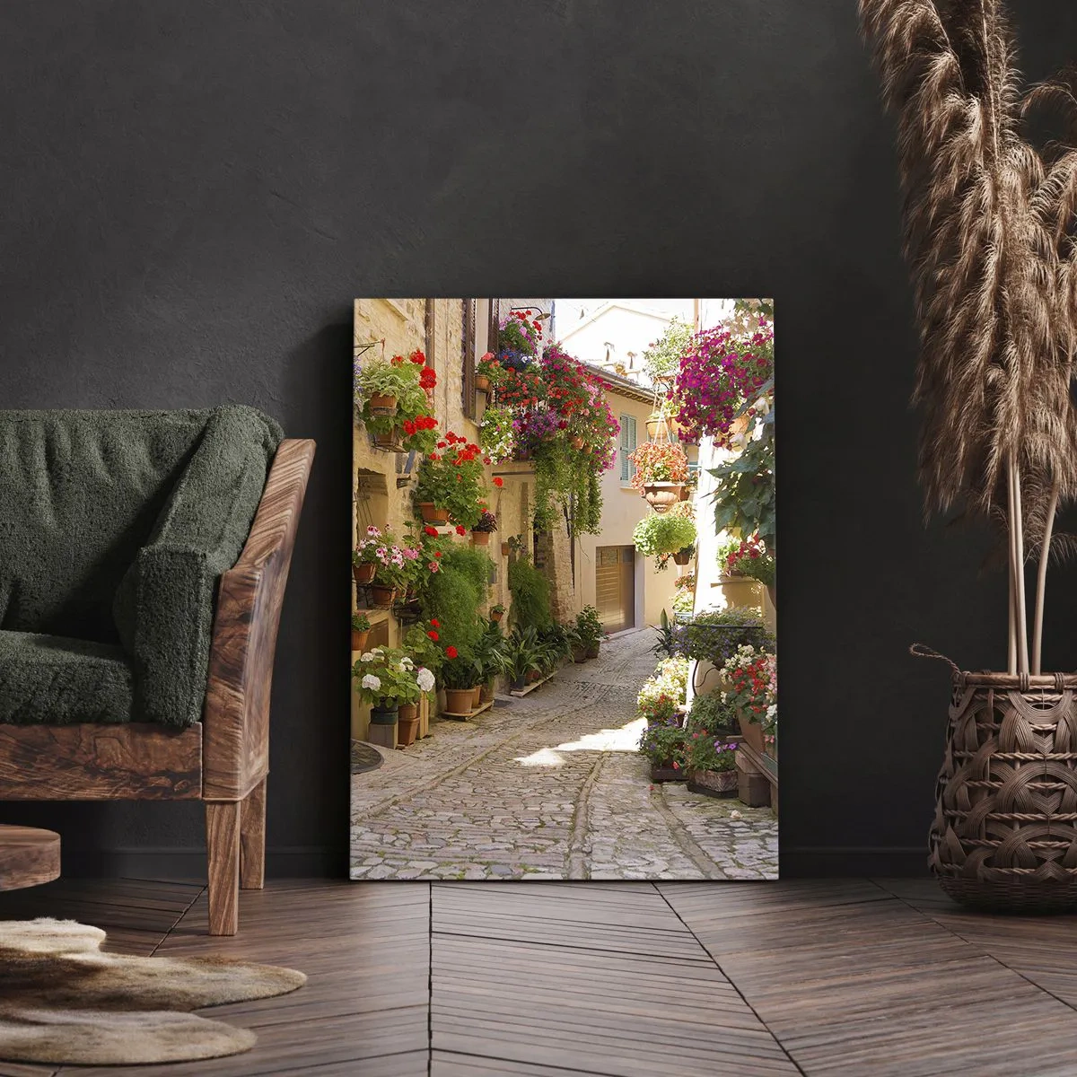 Quadro su tela - Stampe su Tela - Una strada con fiori in vaso e muri in pietra - 50x70cm - Un'esplosione di fiori - Decorazione murale moderna per soggiorno e camera da letto ARTTOR