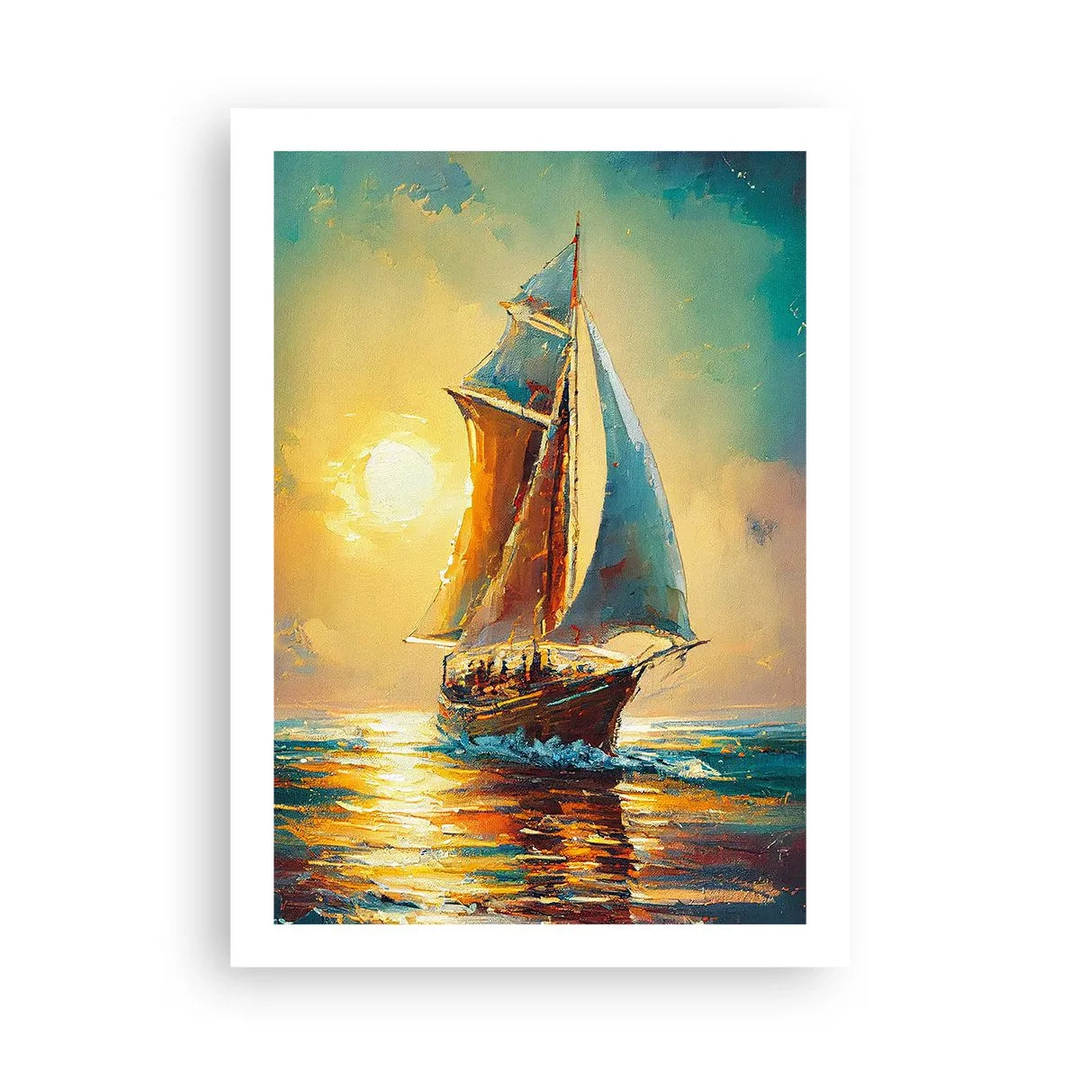 Poster - Una nave a vela sullo sfondo di un tramonto dorato - 50x70cm - A gonfie vele - Decorazione murale moderna per soggiorno e camera da letto ARTTOR