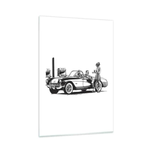 Quadro su vetro - Una scena retrò in bianco e nero con un'auto e una cameriera sui pattini a rotelle. - 80x120cm - Anni '60: l'America spensierata - Decorazione murale moderna per soggiorno e camera da letto ARTTOR