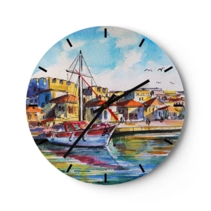 Orologio da parete - Orologio in Vetro - Un colorato porto turistico con barche a vela ed edifici in stile mediterraneo - 30x30cm - Un colorato pomeriggio - Decorazione murale moderna per soggiorno, cucina e camera da letto ARTTOR