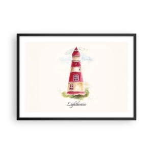 Poster in cornice nera - Dipinto ad acquerello di un faro su sfondo chiaro con un'iscrizione - 70x50cm - Attorno è sempre bel tempo - Decorazione murale moderna per soggiorno e camera da letto ARTTOR