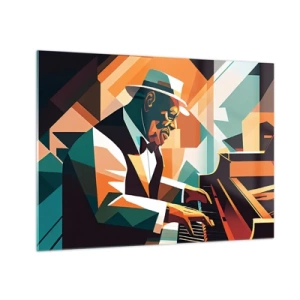 Quadro su vetro - Un ritratto colorato di un pianista in stile jazz - 70x50cm - Tutto il jazz - Decorazione murale moderna per soggiorno e camera da letto ARTTOR
