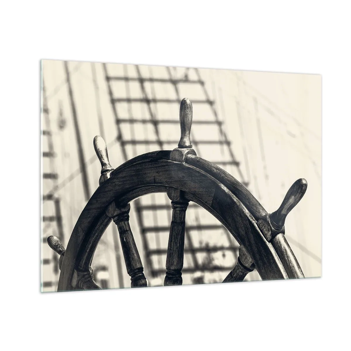 Quadro su vetro - Timone nautico bianco e nero - 100x70cm - Racconti del mare - Decorazione murale moderna per soggiorno e camera da letto ARTTOR