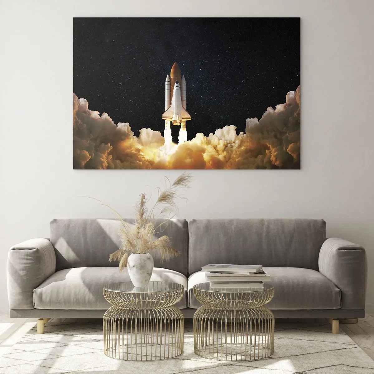Quadro su vetro - Uno space shuttle in decollo contro un cielo stellato - 70x50cm - Ad astra! - Decorazione murale moderna per soggiorno e camera da letto ARTTOR