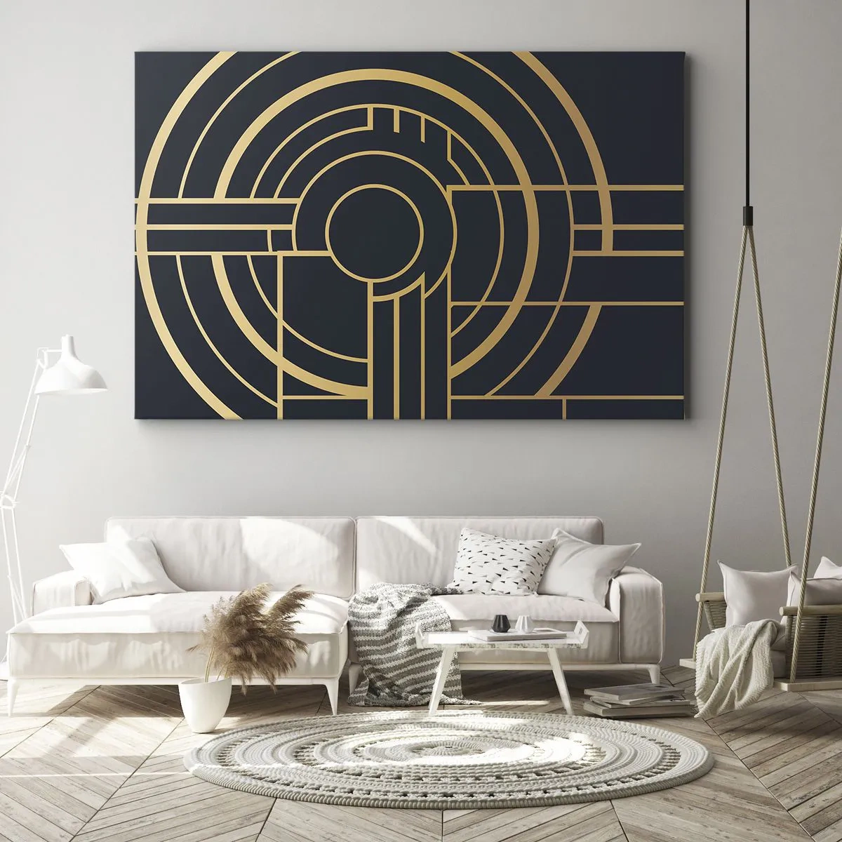 Quadro su tela - Stampe su Tela - Motivo geometrico con linee dorate - 70x50cm - Il giro delle cose - Decorazione murale moderna per soggiorno e camera da letto ARTTOR