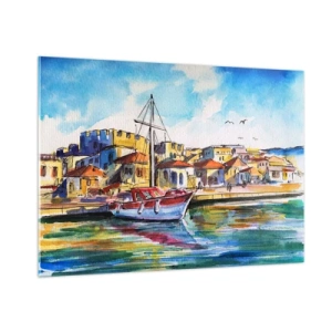 Quadro su vetro - Un colorato porto turistico con una barca a vela e architettura mediterranea - 100x70cm - Un colorato pomeriggio - Decorazione murale moderna per soggiorno e camera da letto ARTTOR