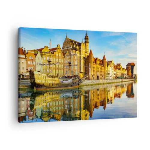 Quadro su tela - Stampe su Tela - Una vista pittoresca della città vecchia con una nave a vela e l'acqua - 70x50cm - Il riflesso del passato - Decorazione murale moderna per soggiorno e camera da letto ARTTOR