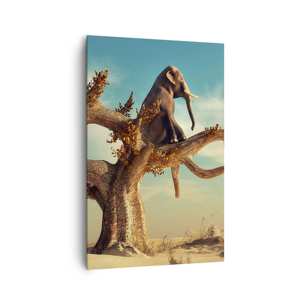 Quadro su tela - Stampe su Tela - Un elefante seduto su un albero in un paesaggio surreale - 80x120cm - Nuovo punto di vista - Decorazione murale moderna per soggiorno e camera da letto ARTTOR