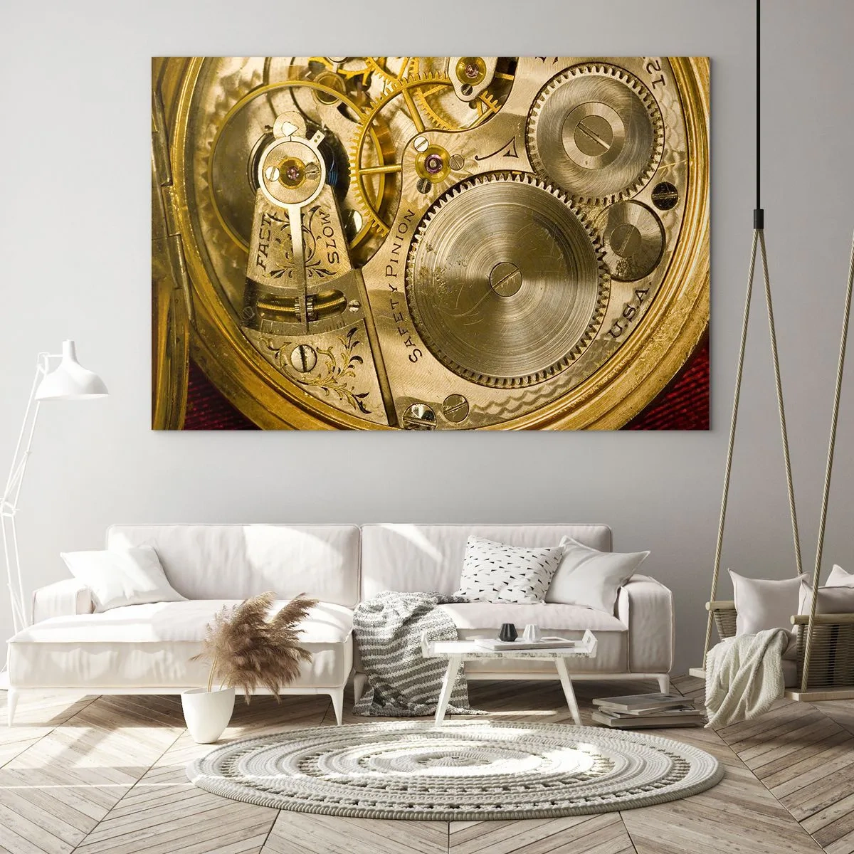 Quadro su vetro - Meccanismo dell'orologio in finitura oro - 120x80cm - Stare al passo coi tempi - Decorazione murale moderna per soggiorno e camera da letto ARTTOR