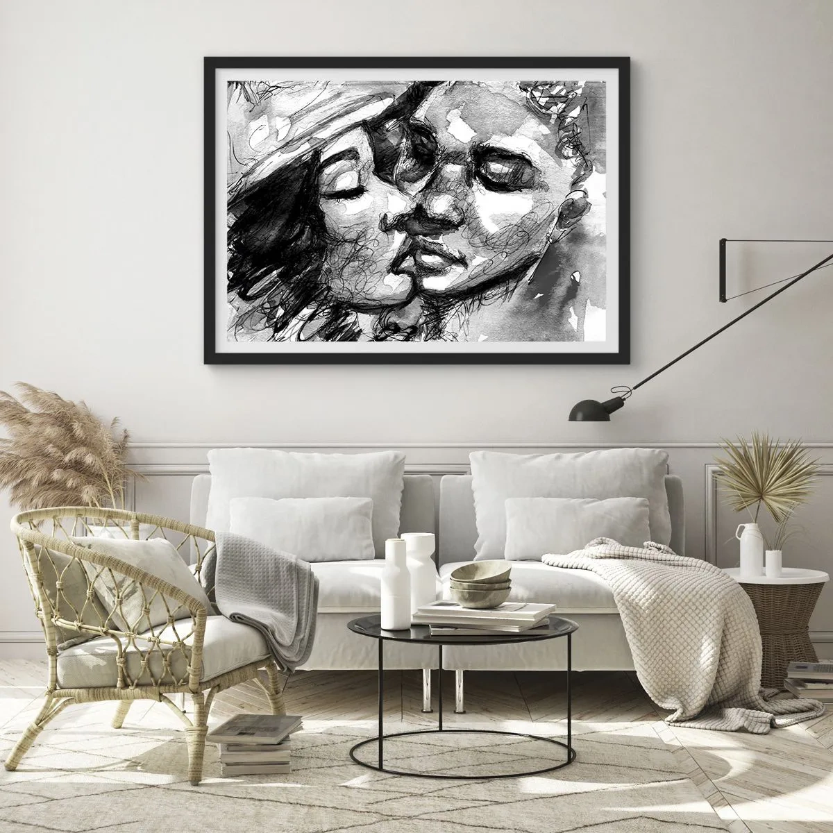 Poster in cornice nera - Un acquerello in bianco e nero che raffigura un momento intimo tra due persone. - 70x50cm - Un attimo di tenerezza - Decorazione murale moderna per soggiorno e camera da letto ARTTOR