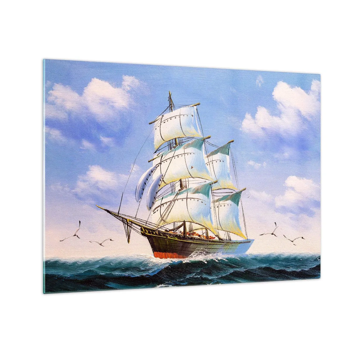 Quadro su vetro - Una nave a vela in alto mare sotto un cielo azzurro - 70x50cm - Con orgoglio nel vento - Decorazione murale moderna per soggiorno e camera da letto ARTTOR