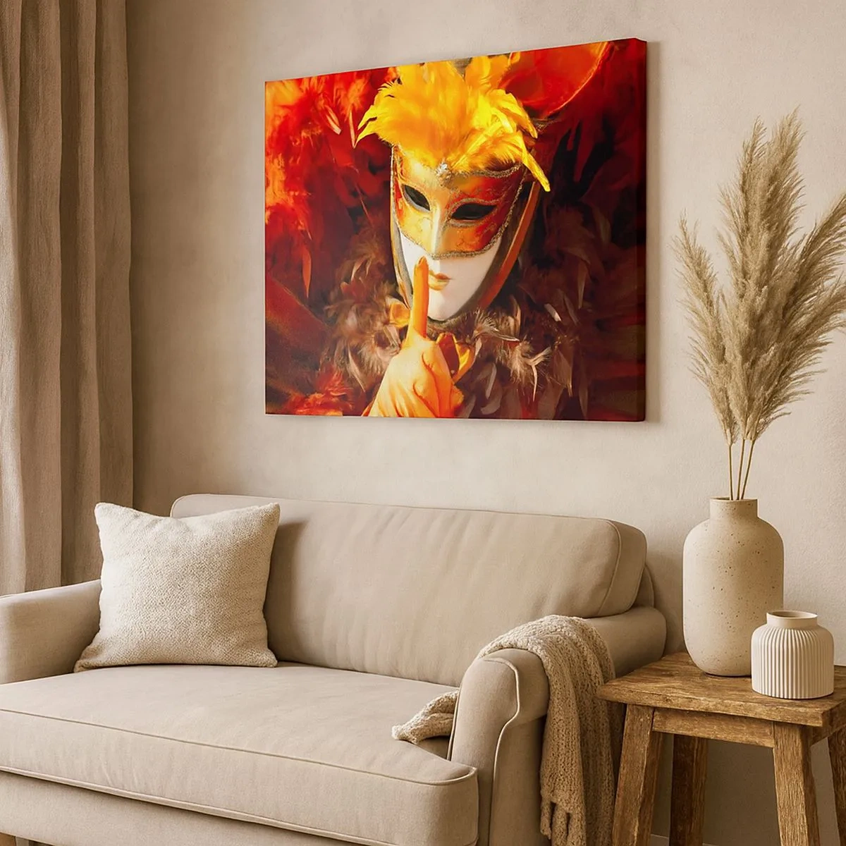 Quadro su tela - Stampe su Tela - Maschera di Carnevale nei toni dell'oro e dell'arancione - 70x50cm - Il mistero è parte del gioco - Decorazione murale moderna per soggiorno e camera da letto ARTTOR