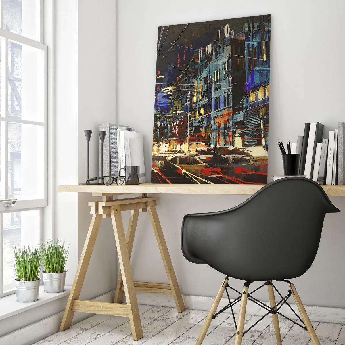 Quadro su vetro - Strada cittadina serale con luci al neon e traffico - 50x70cm - Frastuono serale della strada - Decorazione murale moderna per soggiorno e camera da letto ARTTOR