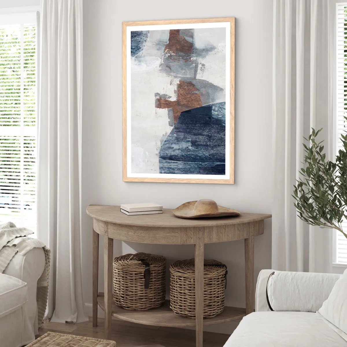 Poster in cornice rovere chiaro - Forme blu e marroni - 70x100 cm