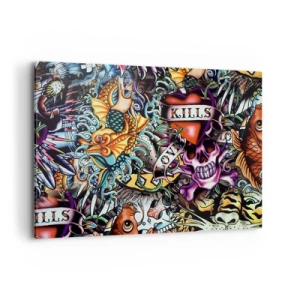 Quadro su tela - Stampe su Tela - Colorata opera d'arte in stile tatuaggio con teschi e motivi nautici - 100x70cm - Il sogno del tatuatore - Decorazione murale moderna per soggiorno e camera da letto ARTTOR