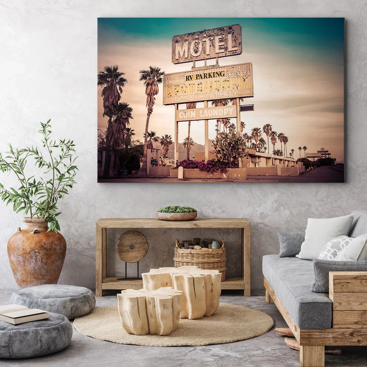 Quadro su tela - Stampe su Tela - Insegna retrò di un motel circondata da palme - 70x50cm - Qui il tempo si è fermato - Decorazione murale moderna per soggiorno e camera da letto ARTTOR