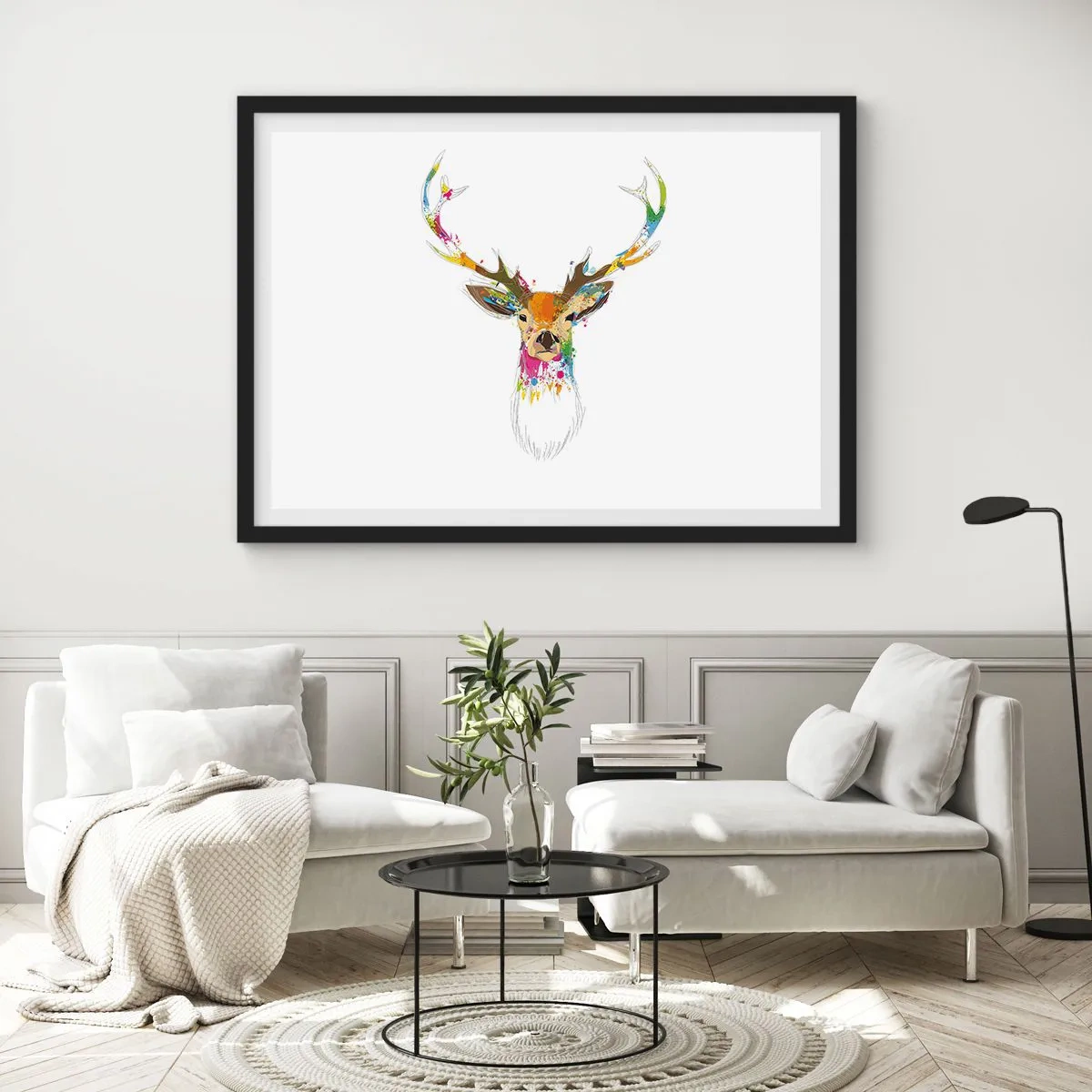 Poster in cornice nera - Mite cerbiatto immerso nel colore - 91x61 cm