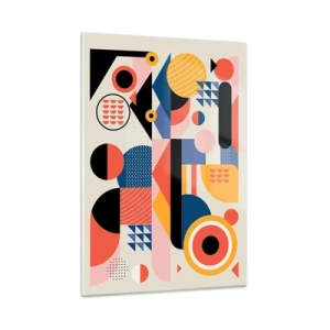 Quadro su vetro - Astrazione geometrica colorata con cerchi e triangoli - 50x70cm - Composizione: divertiti - Decorazione murale moderna per soggiorno e camera da letto ARTTOR