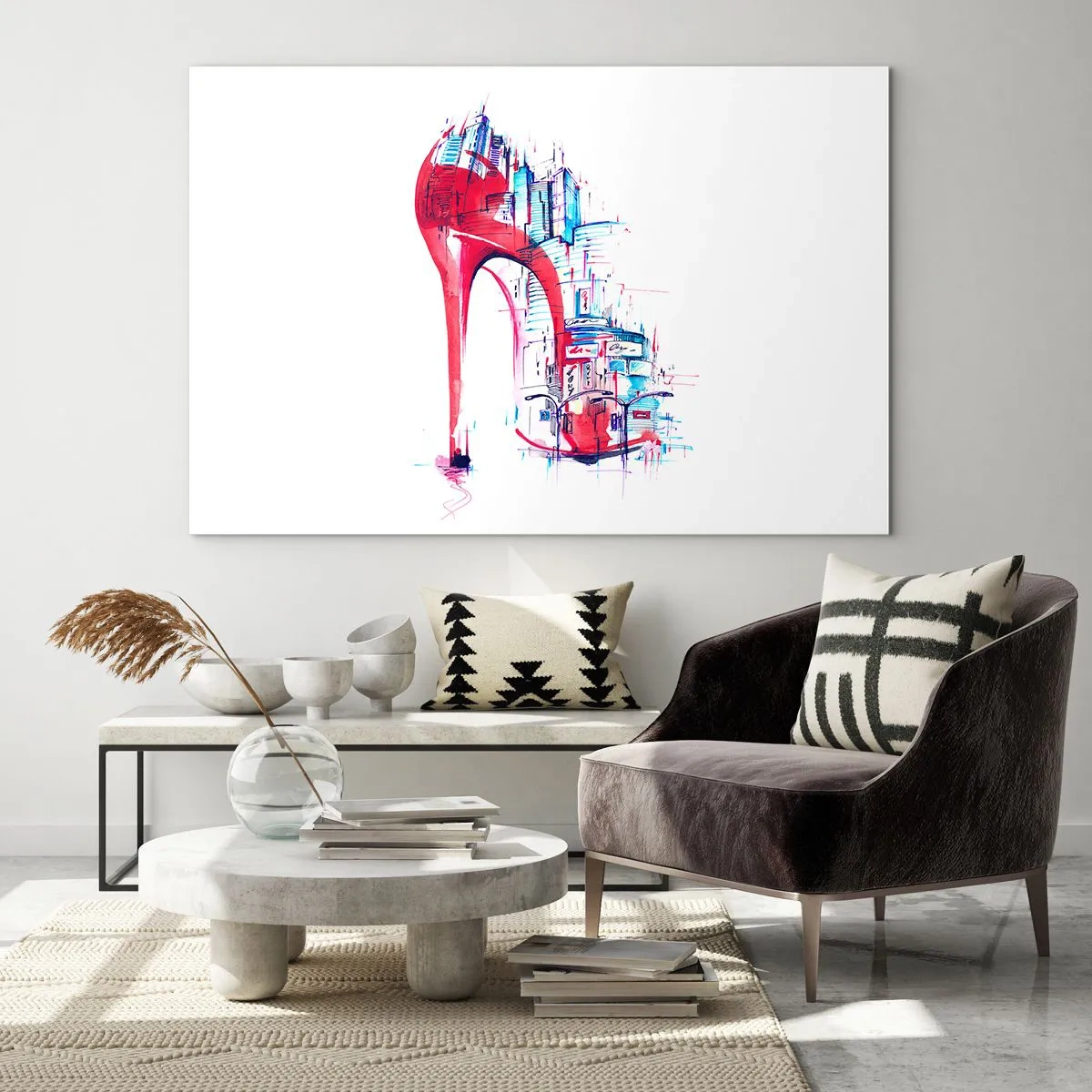 Quadro su vetro - Stiletto rosso con motivo di architettura urbana - 120x80cm - Elegante nella grande città - Decorazione murale moderna per soggiorno e camera da letto ARTTOR