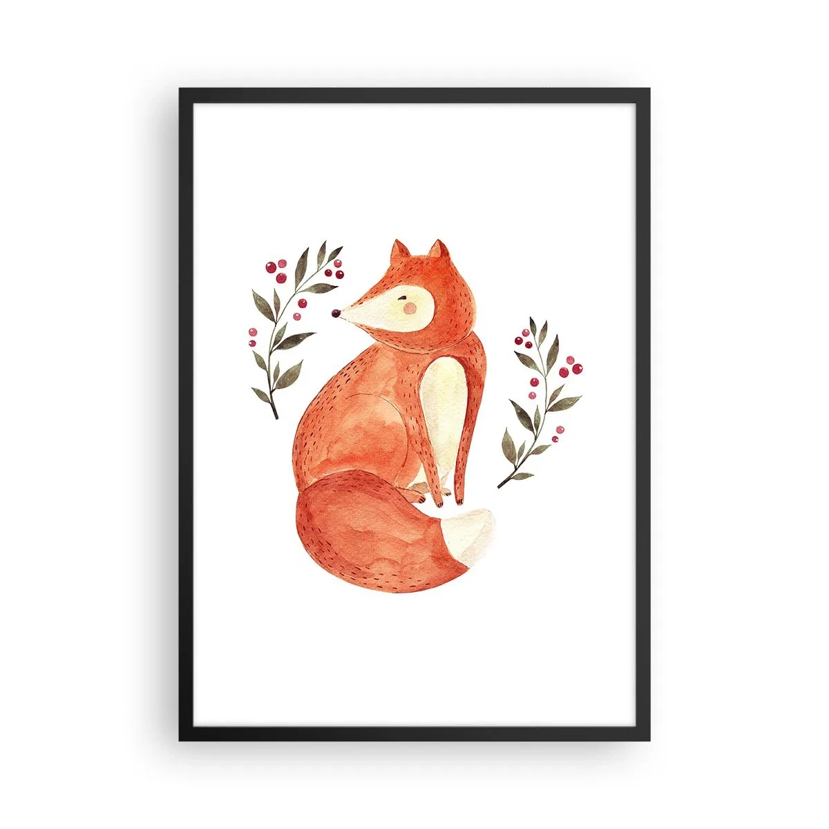Poster in cornice nera - Illustrazione di una volpe circondata da rami con frutti rossi - 50x70cm - Piccola rossa - Decorazione murale moderna per soggiorno e camera da letto ARTTOR