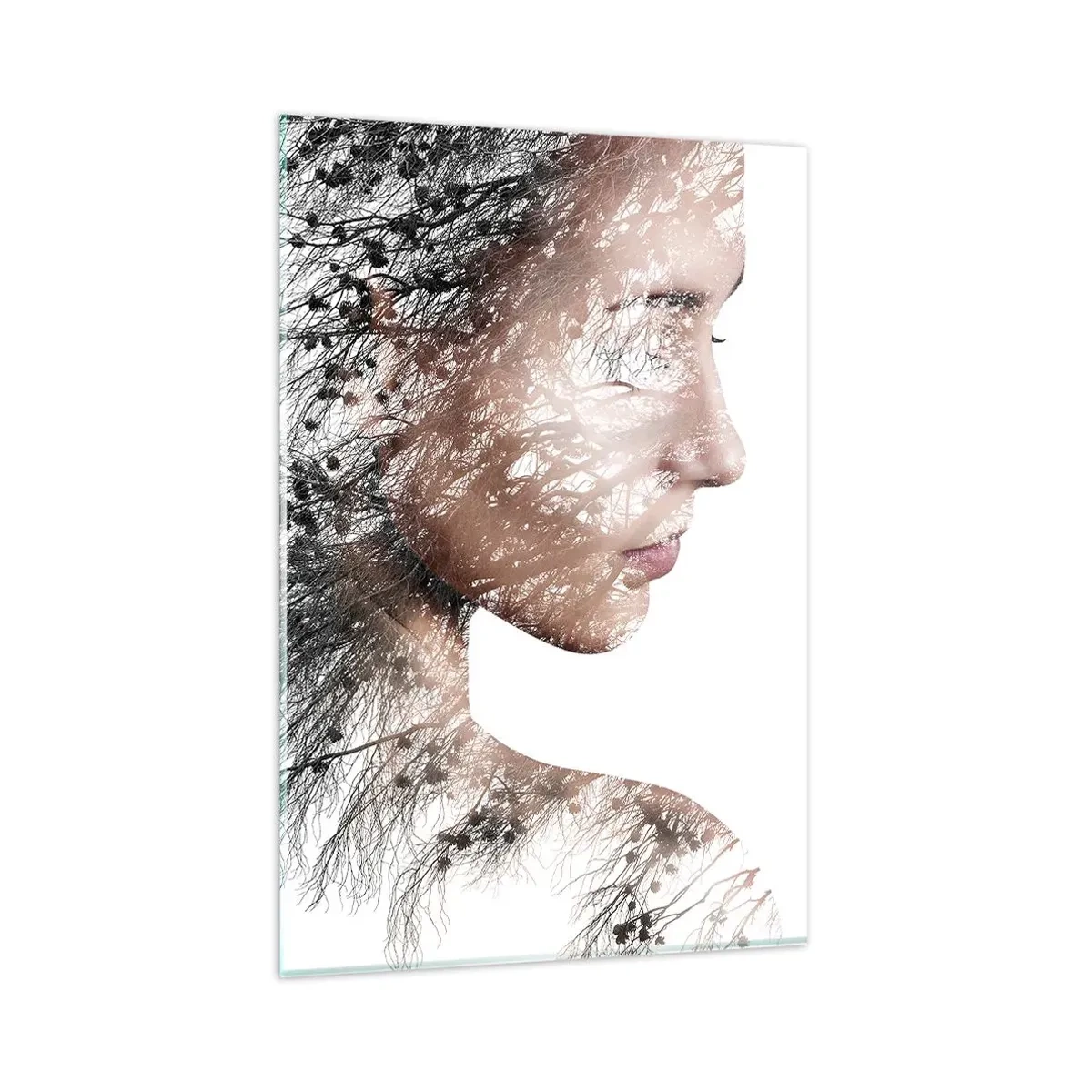Quadro su vetro - Silhouette di una donna con un motivo di ramo e uccello sullo sfondo - 80x120cm - Lo spirito della foresta - Decorazione murale moderna per soggiorno e camera da letto ARTTOR
