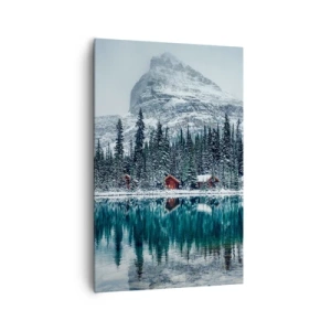 Quadro su tela - Stampe su Tela - Paesaggio invernale con cottage nella foresta vicino a un lago ghiacciato - 80x120cm - Rifugio canadese - Decorazione murale moderna per soggiorno e camera da letto ARTTOR