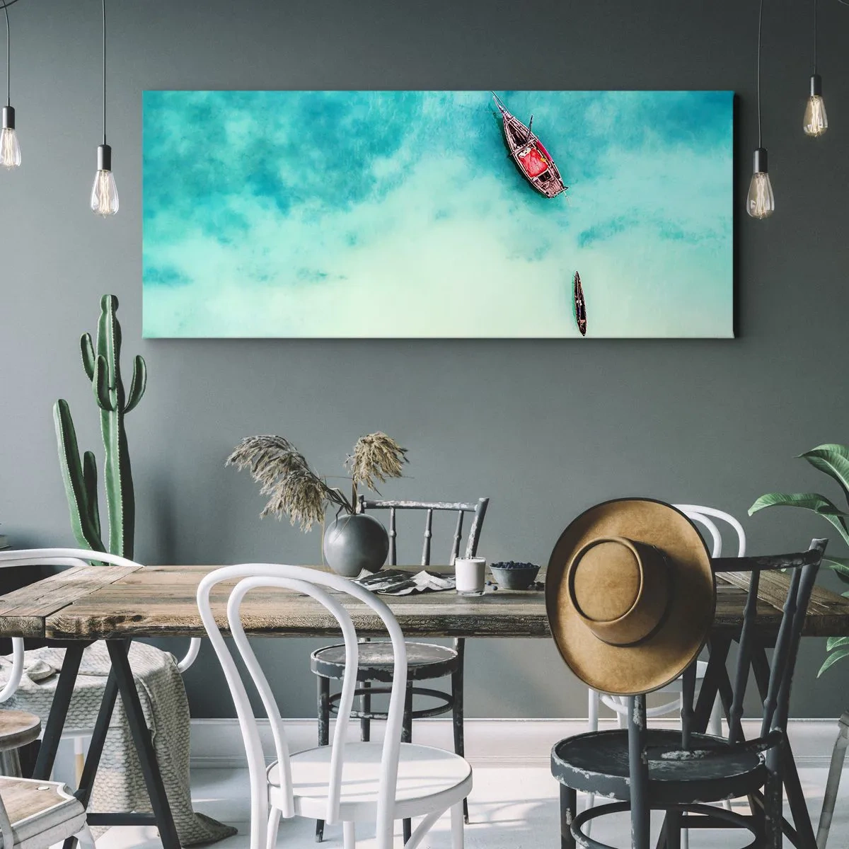 Quadro su tela - Stampe su Tela - Barche sull'acqua turchese viste da una prospettiva a volo d'uccello - 160x50cm - Nelle spiagge di Zanzibar, quando c'è troppa acqua... - Decorazione murale moderna per soggiorno e camera da letto ARTTOR
