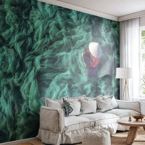Fotomurali Premium Sand - Tessitore tradizionale vietnamita con reti da pesca verdi - 100x70cm - Nel mare di reti - Decorazione murale moderna per soggiorno e camera da letto ARTTOR