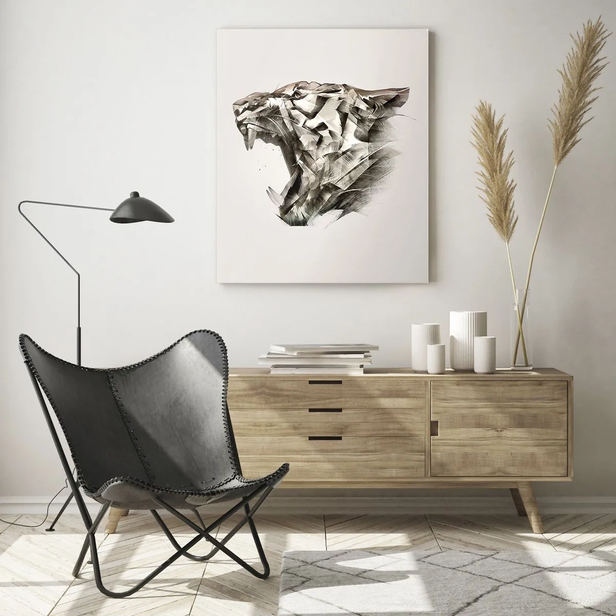 Quadro su vetro - Illustrazione geometrica di una tigre ruggente su uno sfondo chiaro - 50x70cm - Sai chi comanda - Decorazione murale moderna per soggiorno e camera da letto ARTTOR