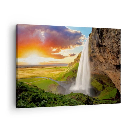 Quadro su tela - Stampe su Tela - Una cascata in un paesaggio pittoresco al tramonto - 70x50cm - Nel mezzo dell'estate islandese - Decorazione murale moderna per soggiorno e camera da letto ARTTOR