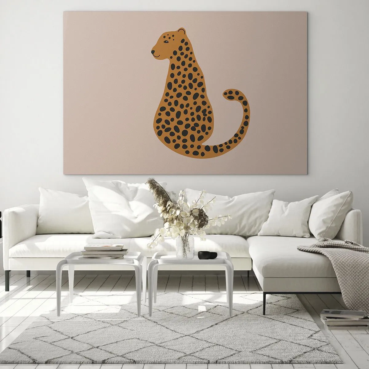Quadro su vetro - Illustrazione di una pantera con macchie nere su sfondo beige - 120x80cm - Il leopardo è un motivo di moda - Decorazione murale moderna per soggiorno e camera da letto ARTTOR