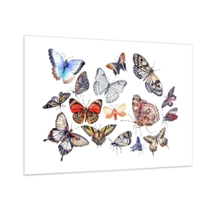 Quadro su vetro - Farfalle colorate in una composizione artistica - 100x70cm - Sciame delicato e colorato - Decorazione murale moderna per soggiorno e camera da letto ARTTOR