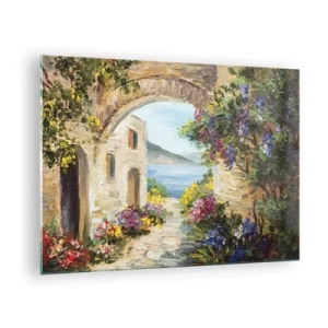 Quadro su vetro - Una pittoresca strada con vista sul lago - 70x50cm - La bellezza della provincia costiera - Decorazione murale moderna per soggiorno e camera da letto ARTTOR