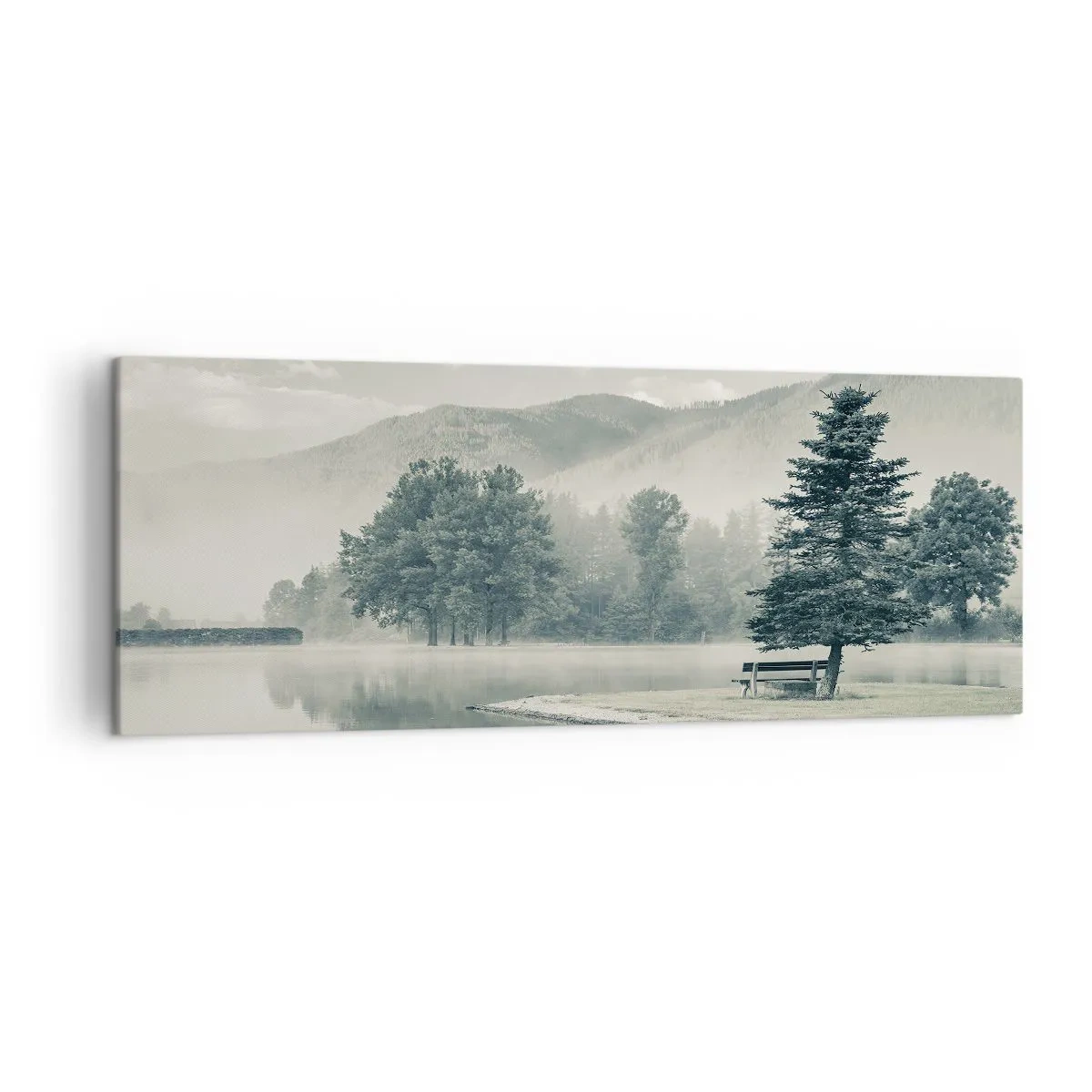 Quadro su tela - Stampe su Tela - Un pittoresco lago con una panchina e la nebbia sullo sfondo - 140x50cm - Il lago dorme ancora - Decorazione murale moderna per soggiorno e camera da letto ARTTOR