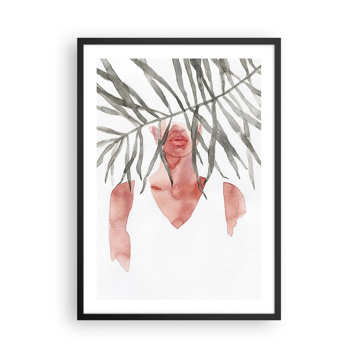 Poster in cornice nera - Silhouette acquerello di una donna nascosta dietro le foglie - 50x70cm - Dama dei tropici - Decorazione murale moderna per soggiorno e camera da letto ARTTOR