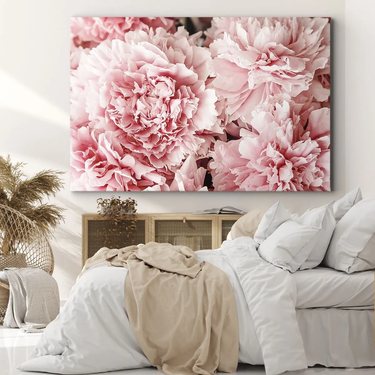 Quadro su tela - Stampe su Tela - Delicate peonie rosa in un ambiente delicato - 70x50cm - Sogno rosa - Decorazione murale moderna per soggiorno e camera da letto ARTTOR
