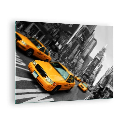 Quadro su vetro - Taxi gialli sullo sfondo delle strade cittadine in bianco e nero - 70x50cm - Gocce di sole a New York - Decorazione murale moderna per soggiorno e camera da letto ARTTOR